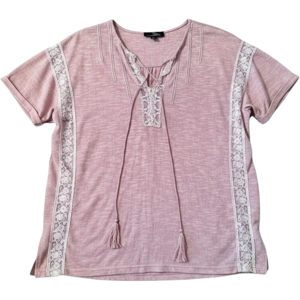 Suzanne Betro Top XL Mauve Lace Trim Tassel Tie Boho Cottagecore